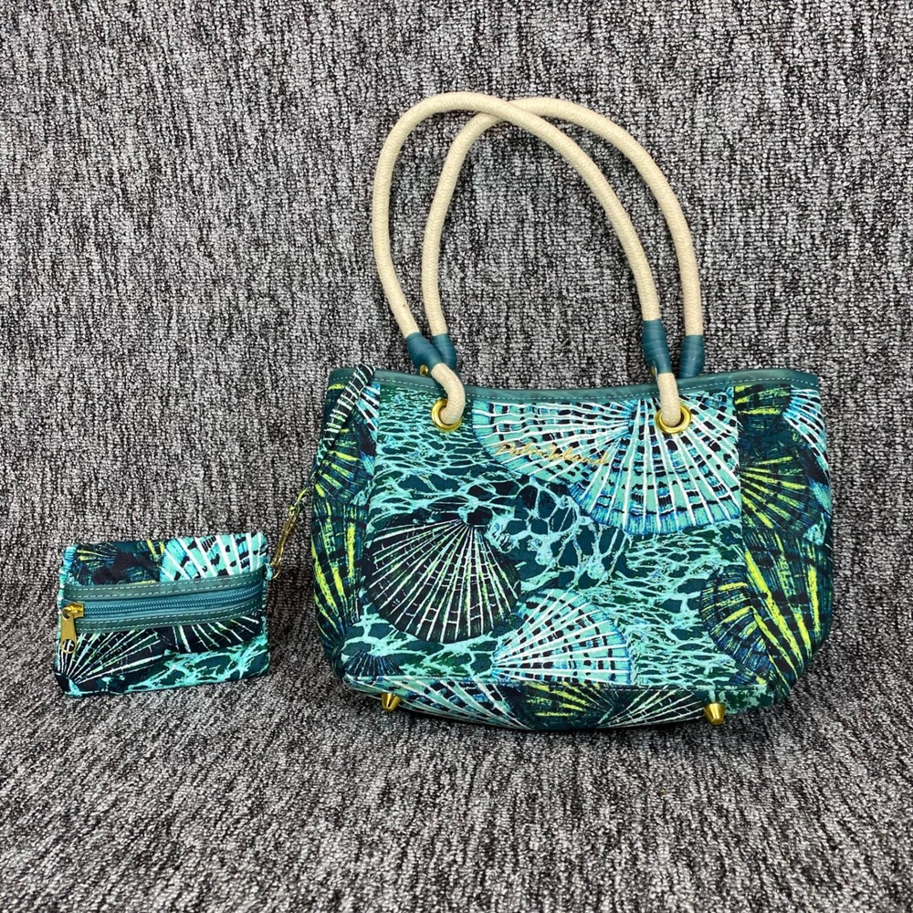 Palm‎ Island Sea Turtle Seashell Tote Bag Pouch Set Teal Blue Beach Rope Handle
